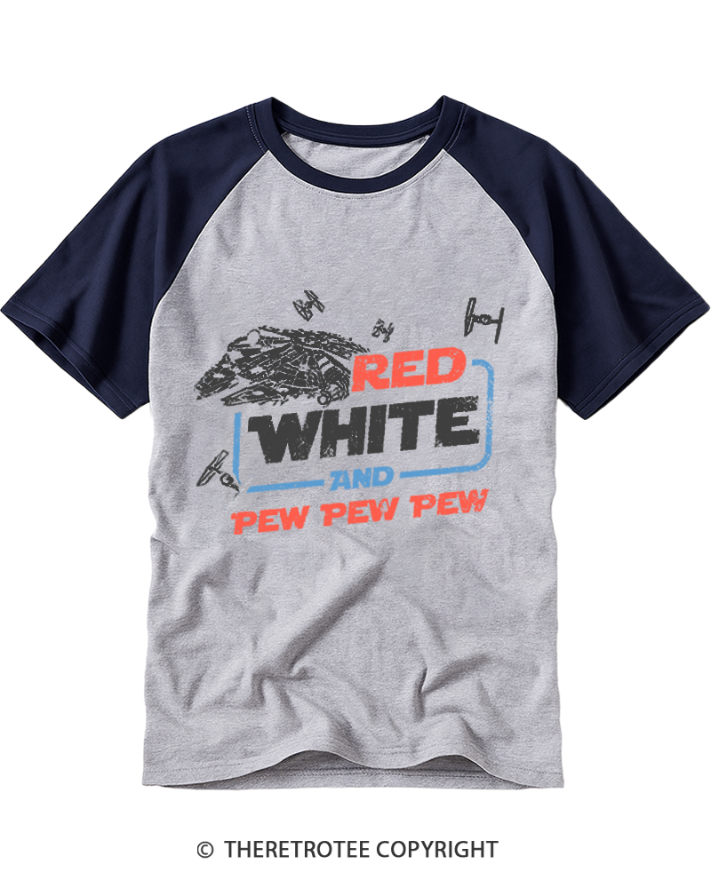 TheRetroTee Red White And Pew Pew Pew 1980s Raglan Baseball T-Shirt