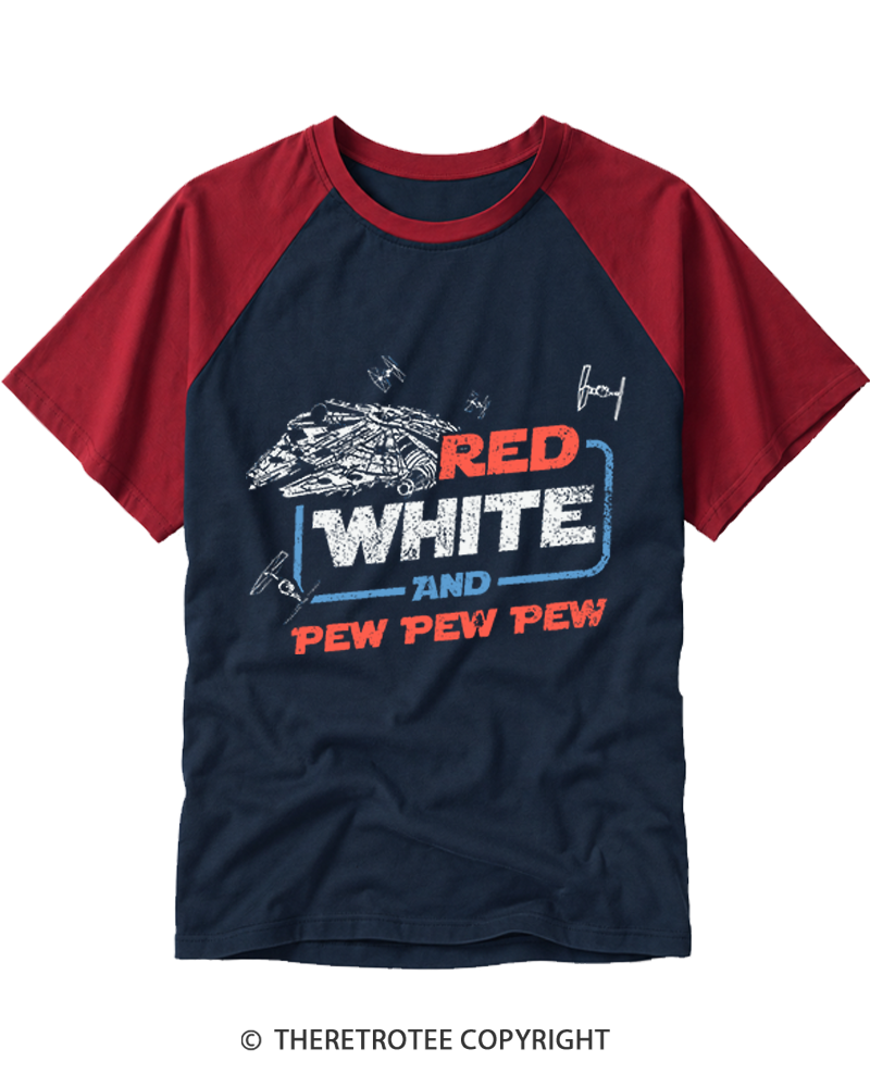 TheRetroTee Red White And Pew Pew Pew 1980s Raglan Baseball T-Shirt