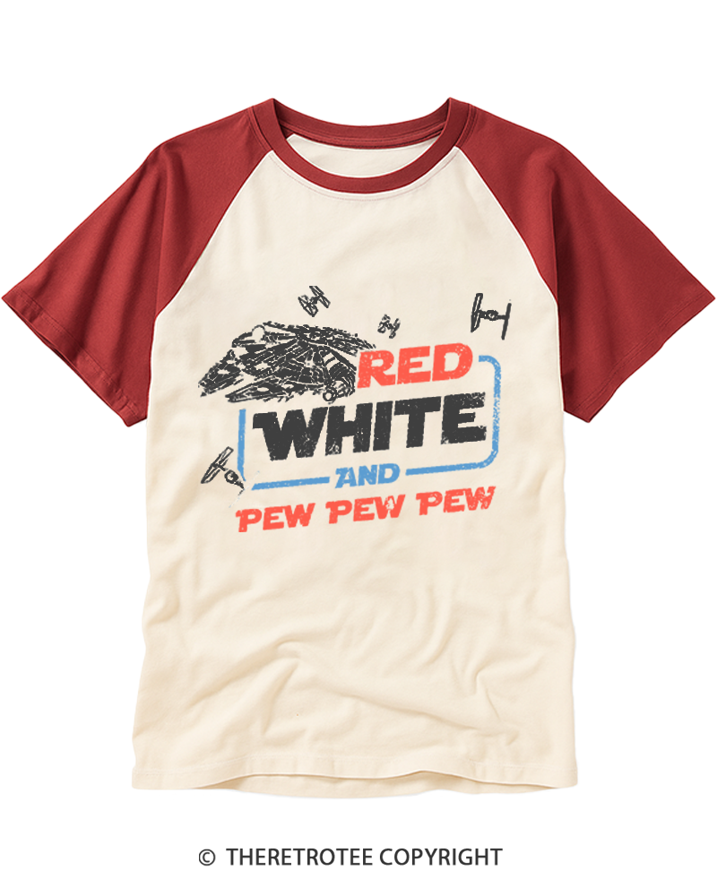 TheRetroTee Red White And Pew Pew Pew 1980s Raglan Baseball T-Shirt