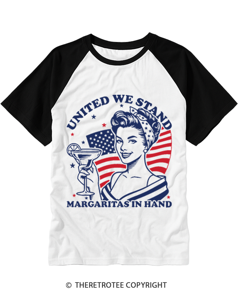 TheRetroTee United We Stand Margarita in Hand 1776 Raglan Baseball T-Shirt