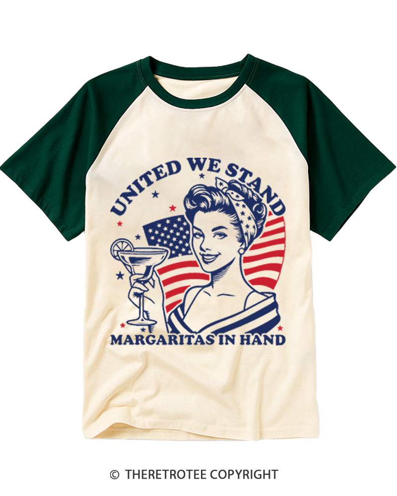 TheRetroTee United We Stand Margarita in Hand 1776 Raglan Baseball T-Shirt