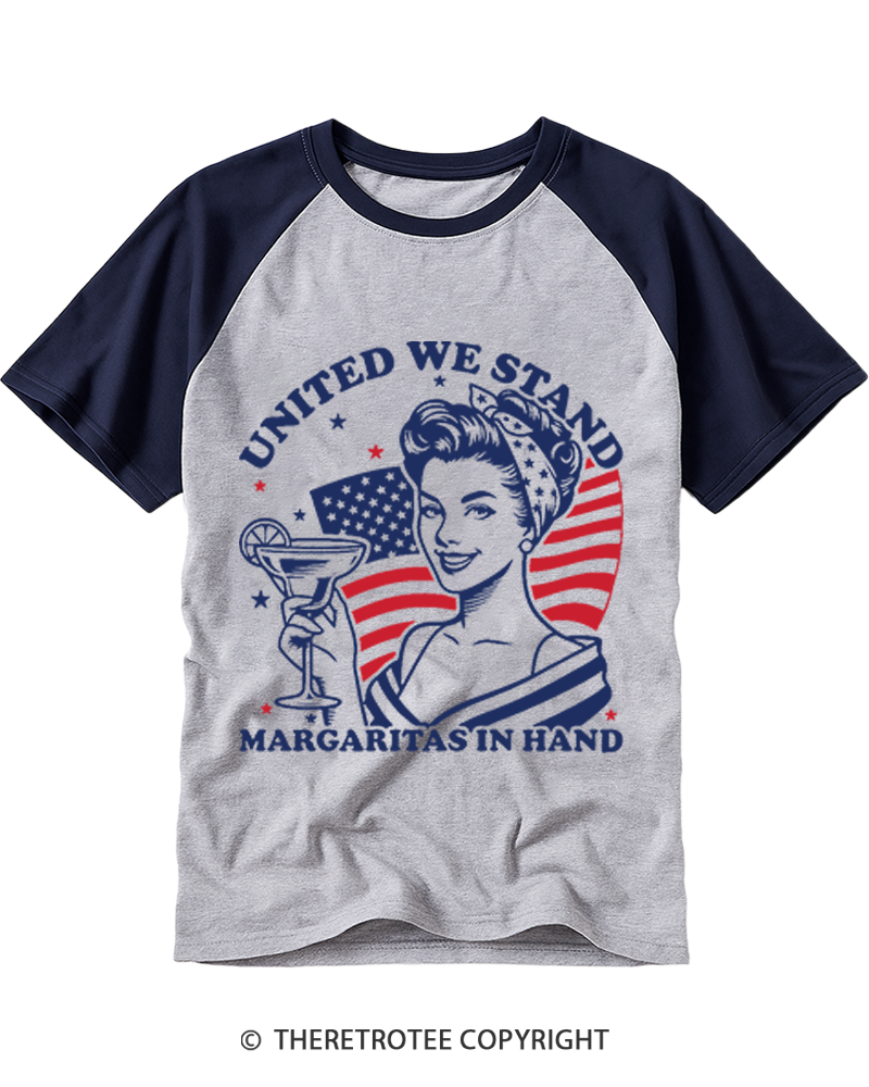 TheRetroTee United We Stand Margarita in Hand 1776 Raglan Baseball T-Shirt