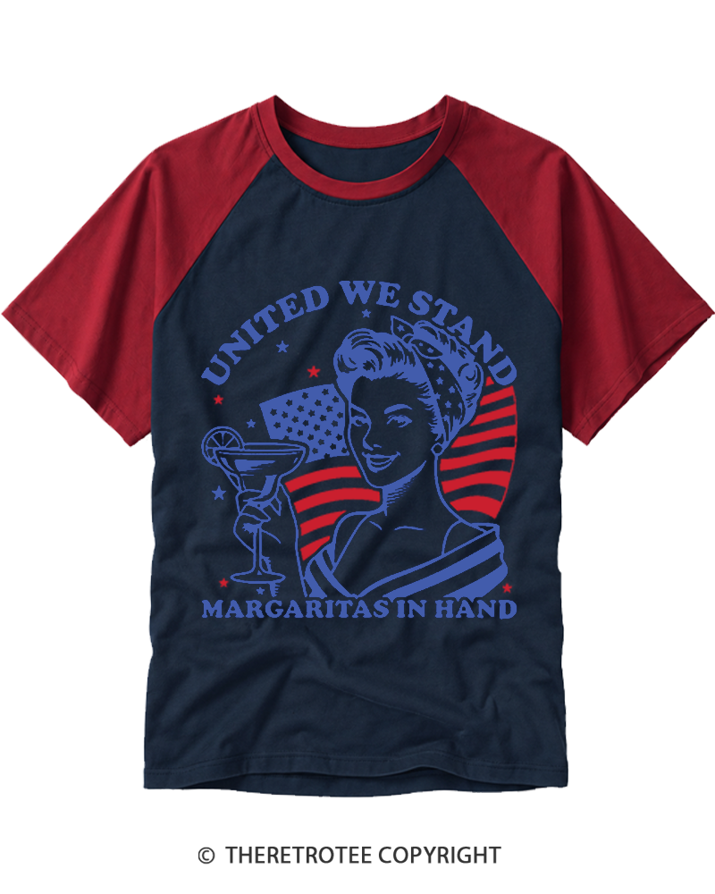 TheRetroTee United We Stand Margarita in Hand 1776 Raglan Baseball T-Shirt