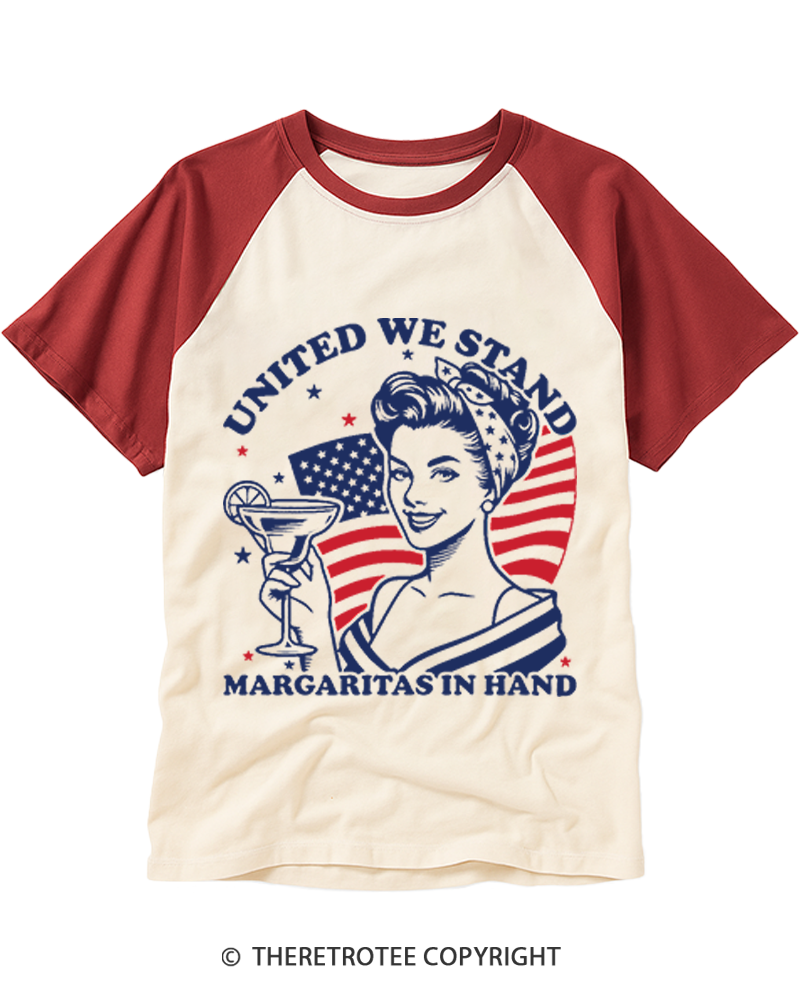 TheRetroTee United We Stand Margarita in Hand 1776 Raglan Baseball T-Shirt