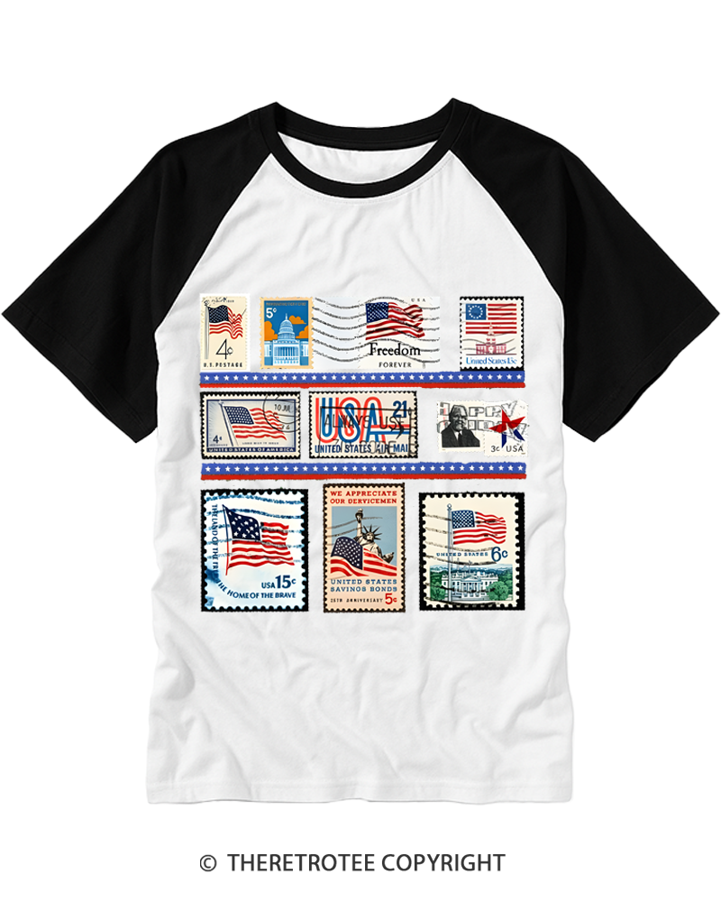 TheRetroTee Vintage USA Postage Stamp 1776 Raglan Baseball T-Shirt