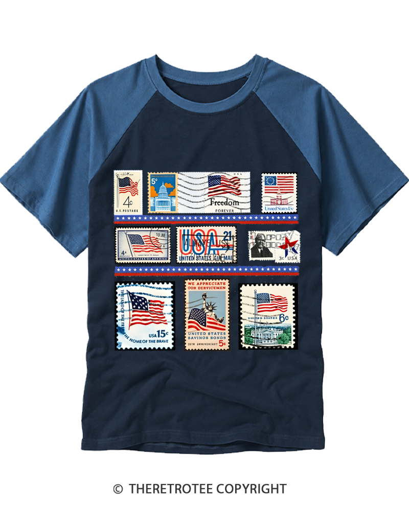 TheRetroTee Vintage USA Postage Stamp 1776 Raglan Baseball T-Shirt
