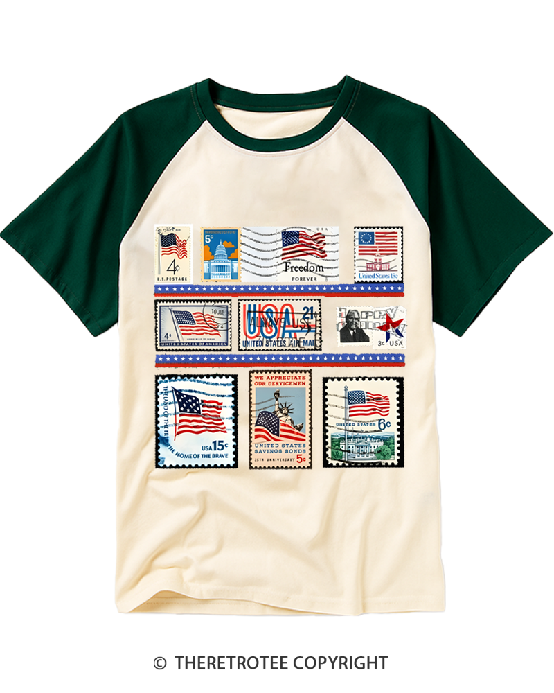 TheRetroTee Vintage USA Postage Stamp 1776 Raglan Baseball T-Shirt