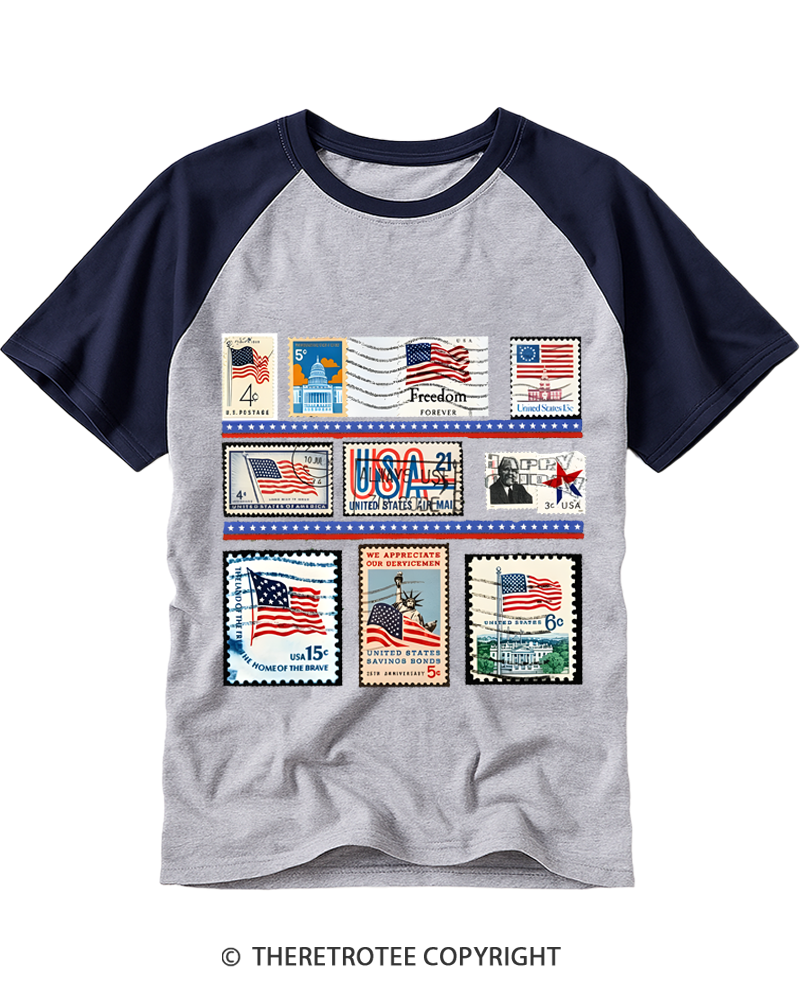 TheRetroTee Vintage USA Postage Stamp 1776 Raglan Baseball T-Shirt