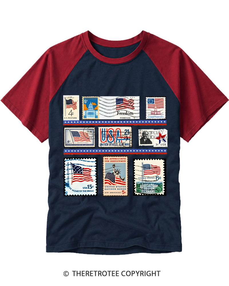 TheRetroTee Vintage USA Postage Stamp 1776 Raglan Baseball T-Shirt