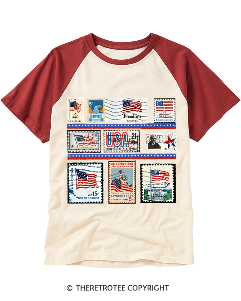 TheRetroTee Vintage USA Postage Stamp 1776 Raglan Baseball T-Shirt