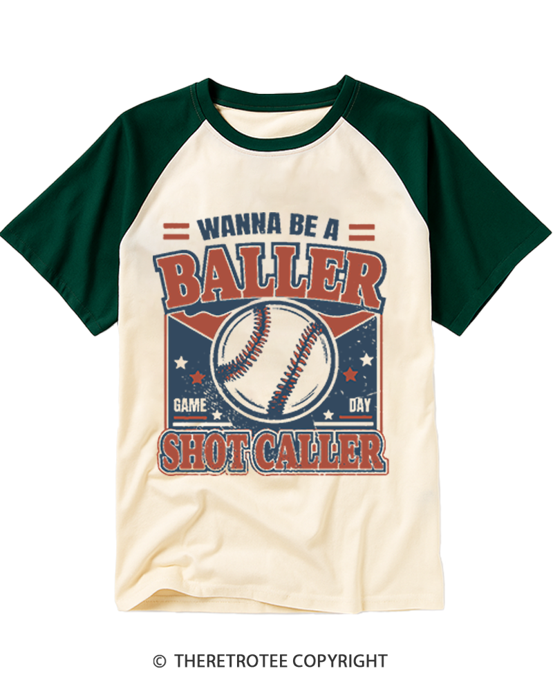 TheRetroTee Wanna Be A Baller Shot Caller 1990s Raglan Baseball T-Shirt