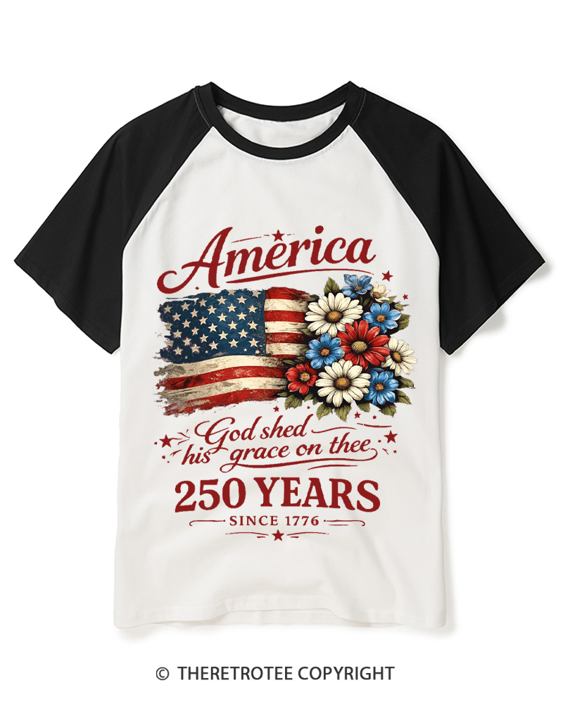 TheRetroTee America 250 Years Flag Floral Graphic 1776 Raglan Baseball T-Shirt