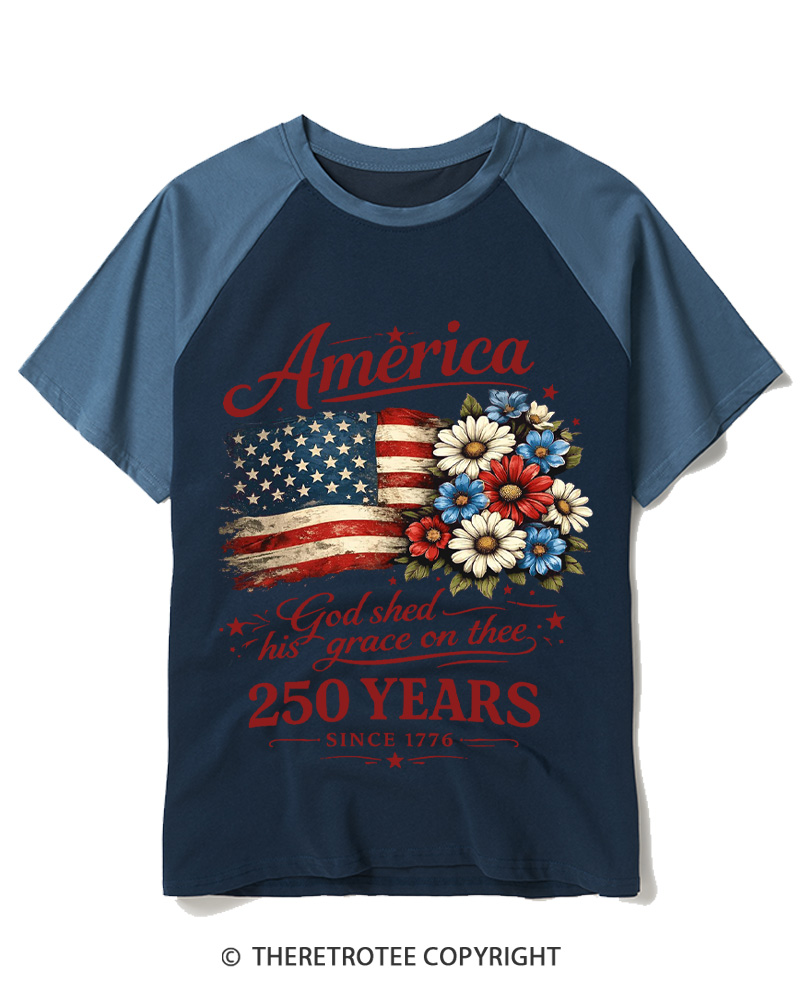 TheRetroTee America 250 Years Flag Floral Graphic 1776 Raglan Baseball T-Shirt