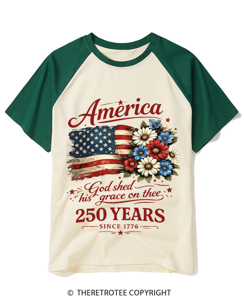 TheRetroTee America 250 Years Flag Floral Graphic 1776 Raglan Baseball T-Shirt