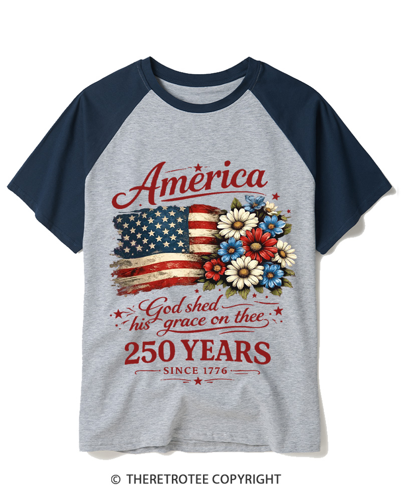 TheRetroTee America 250 Years Flag Floral Graphic 1776 Raglan Baseball T-Shirt
