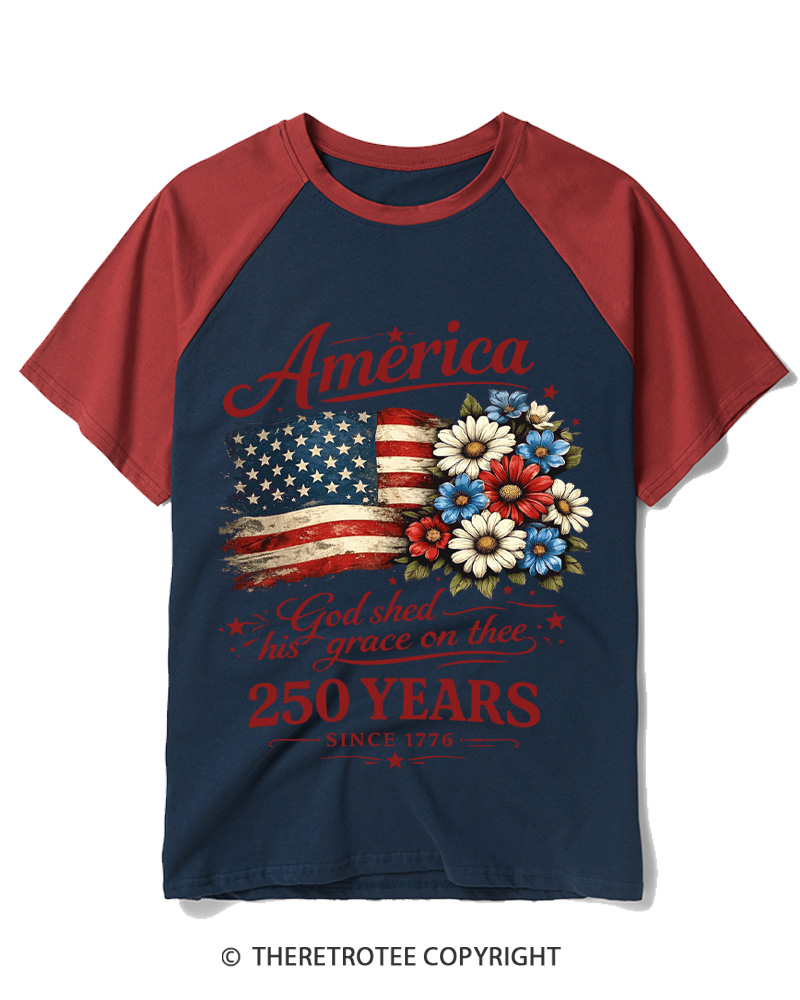 TheRetroTee America 250 Years Flag Floral Graphic 1776 Raglan Baseball T-Shirt