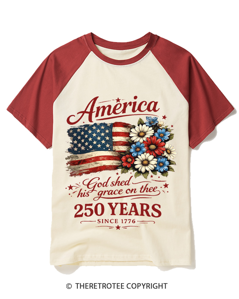 TheRetroTee America 250 Years Flag Floral Graphic 1776 Raglan Baseball T-Shirt