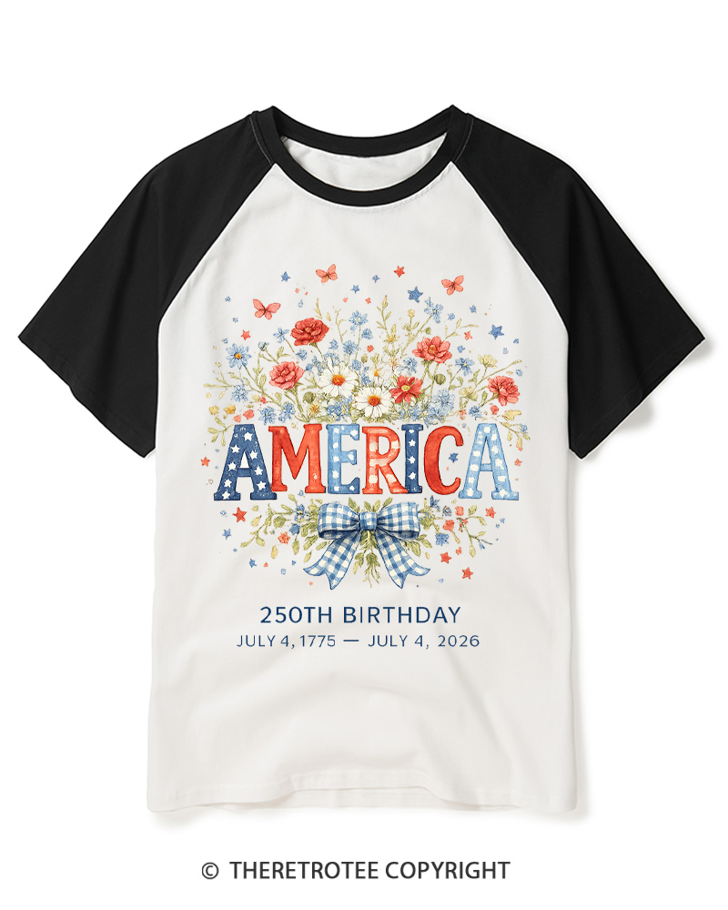 TheRetroTee America 250 Years Flag Floral Graphic 1776 Raglan Baseball T-Shirt