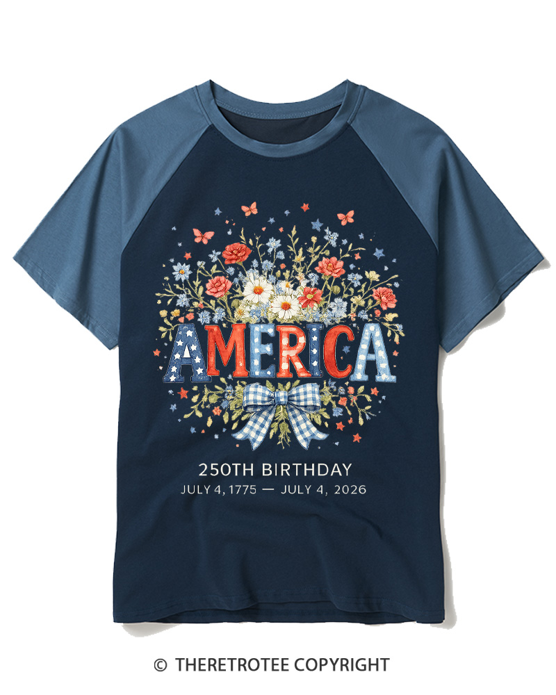 TheRetroTee America 250 Years Flag Floral Graphic 1776 Raglan Baseball T-Shirt