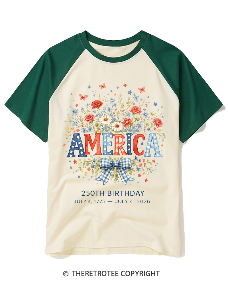TheRetroTee America 250 Years Flag Floral Graphic 1776 Raglan Baseball T-Shirt