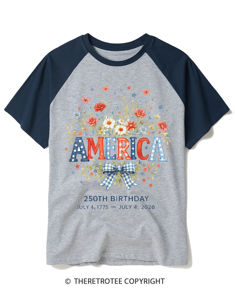 TheRetroTee America 250 Years Flag Floral Graphic 1776 Raglan Baseball T-Shirt
