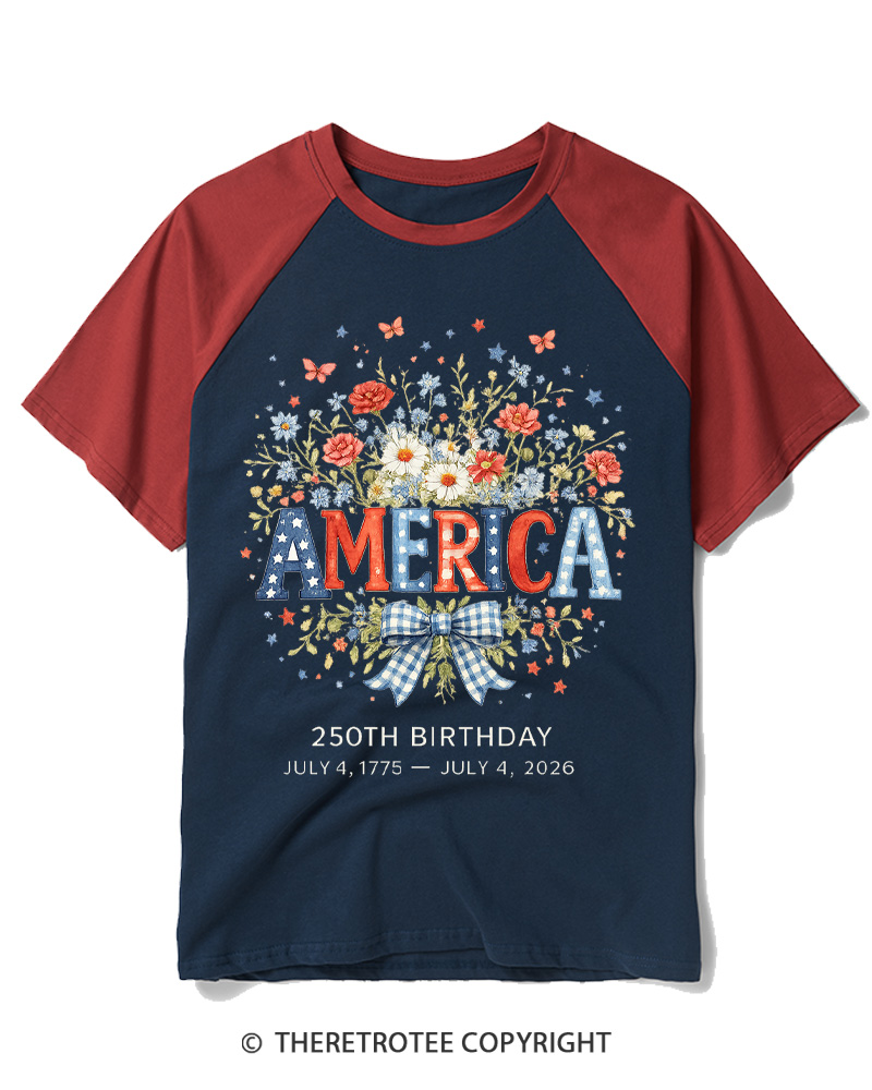 TheRetroTee America 250 Years Flag Floral Graphic 1776 Raglan Baseball T-Shirt