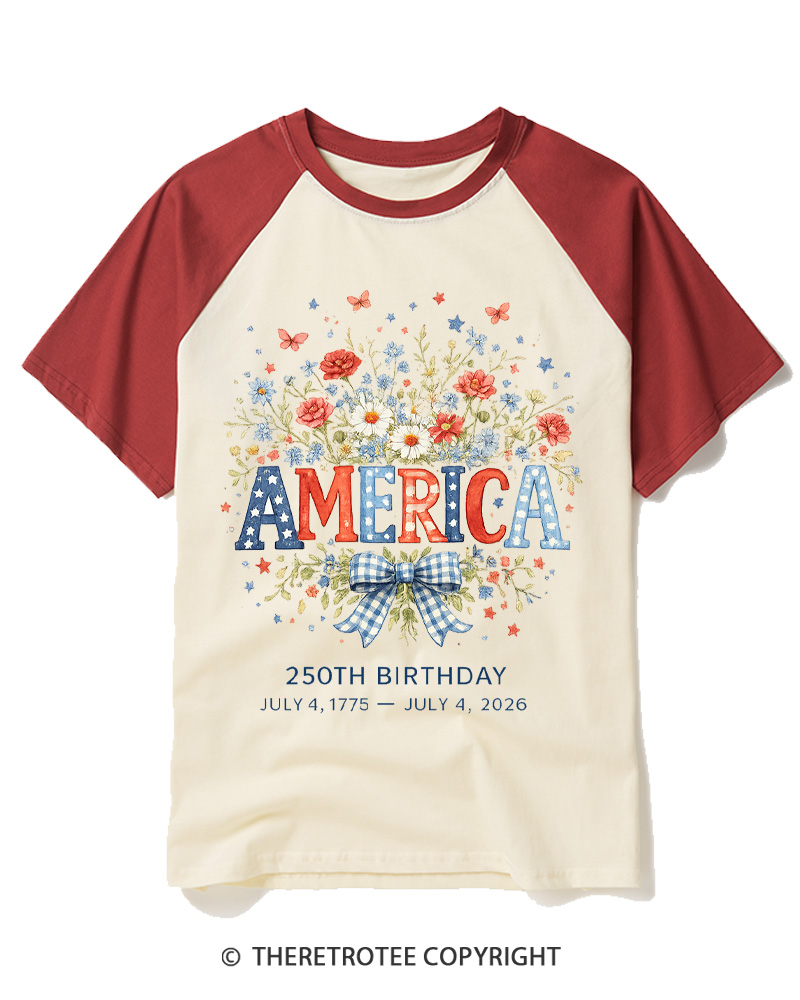 TheRetroTee America 250 Years Flag Floral Graphic 1776 Raglan Baseball T-Shirt