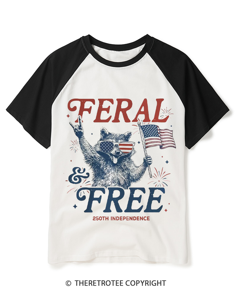 TheRetroTee Feral & Free Funny Raccoon 1776 Raglan Baseball T-Shirt