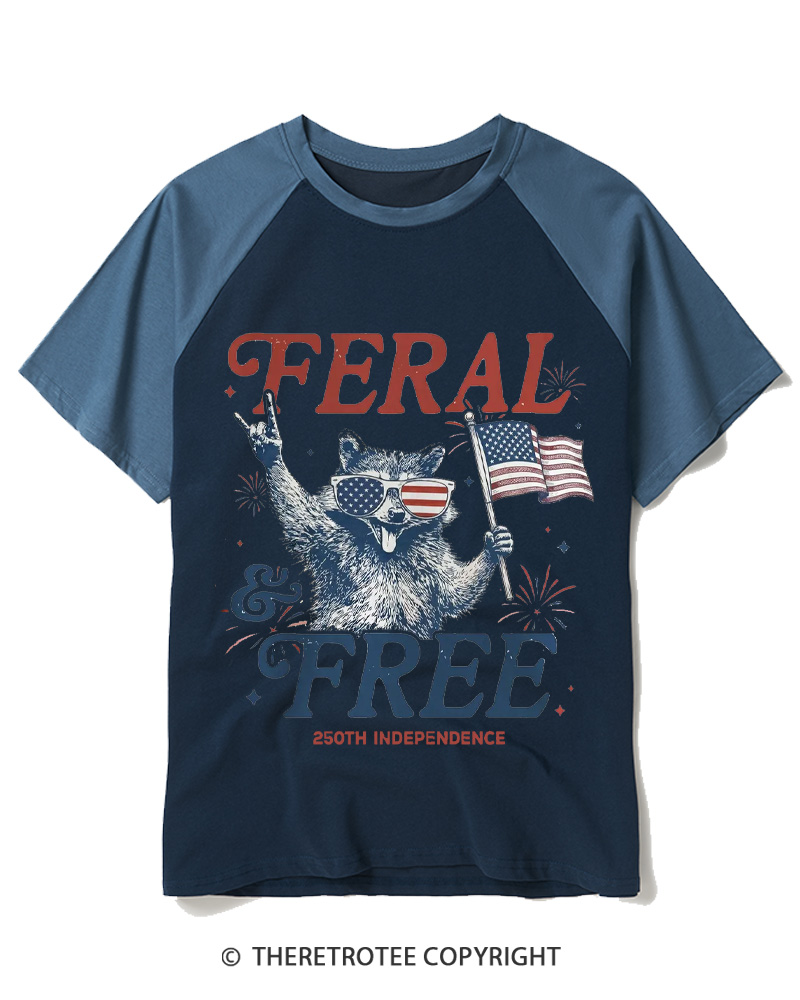 TheRetroTee Feral & Free Funny Raccoon 1776 Raglan Baseball T-Shirt