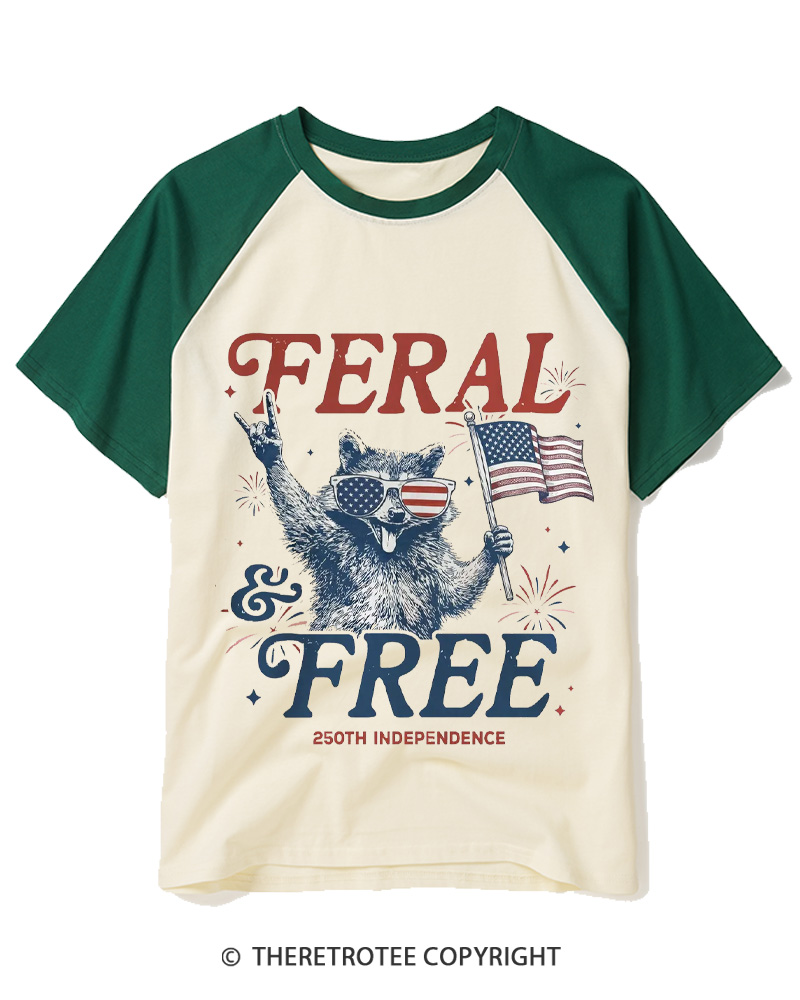 TheRetroTee Feral & Free Funny Raccoon 1776 Raglan Baseball T-Shirt