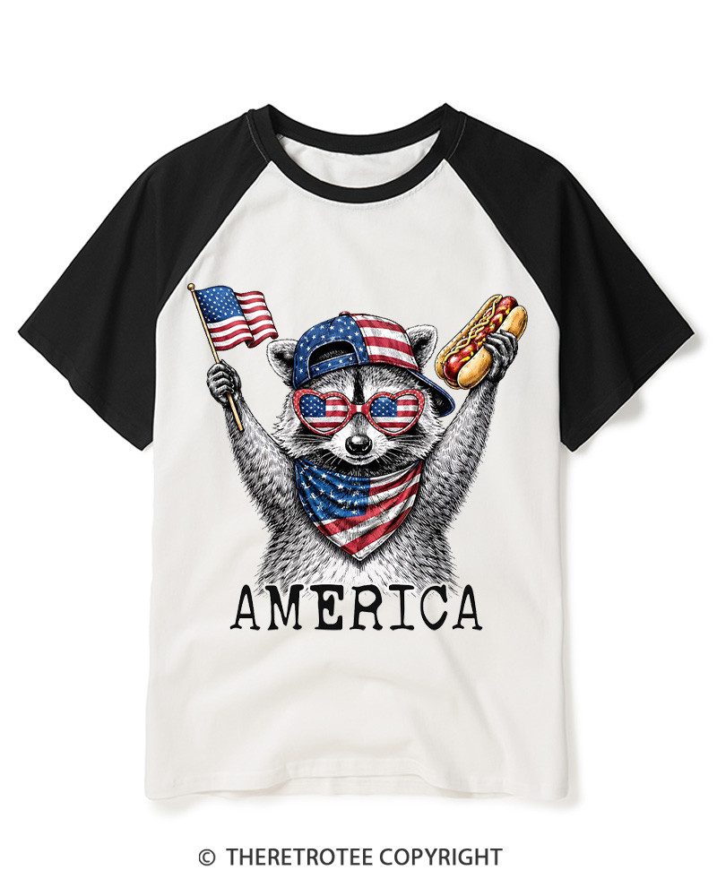 TheRetroTee America Raccoon Hot Dog 1776 Raglan Baseball T-Shirt