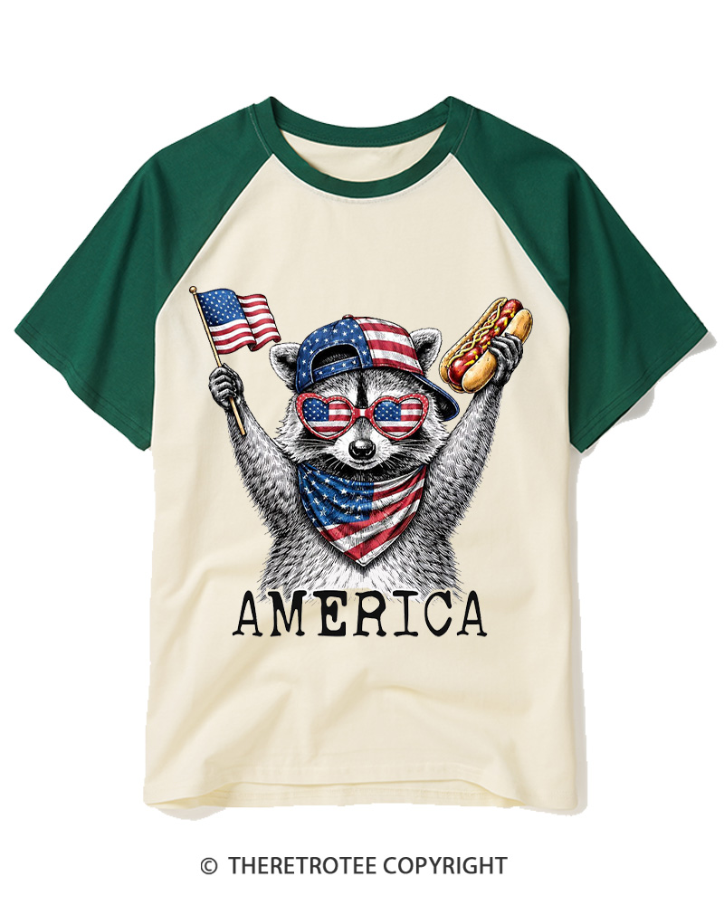 TheRetroTee America Raccoon Hot Dog 1776 Raglan Baseball T-Shirt