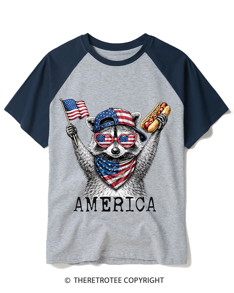 TheRetroTee America Raccoon Hot Dog 1776 Raglan Baseball T-Shirt