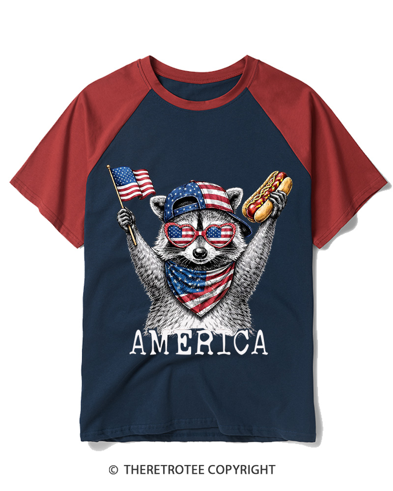 TheRetroTee America Raccoon Hot Dog 1776 Raglan Baseball T-Shirt