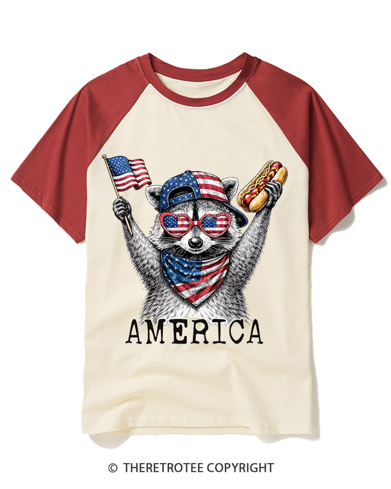 TheRetroTee America Raccoon Hot Dog 1776 Raglan Baseball T-Shirt