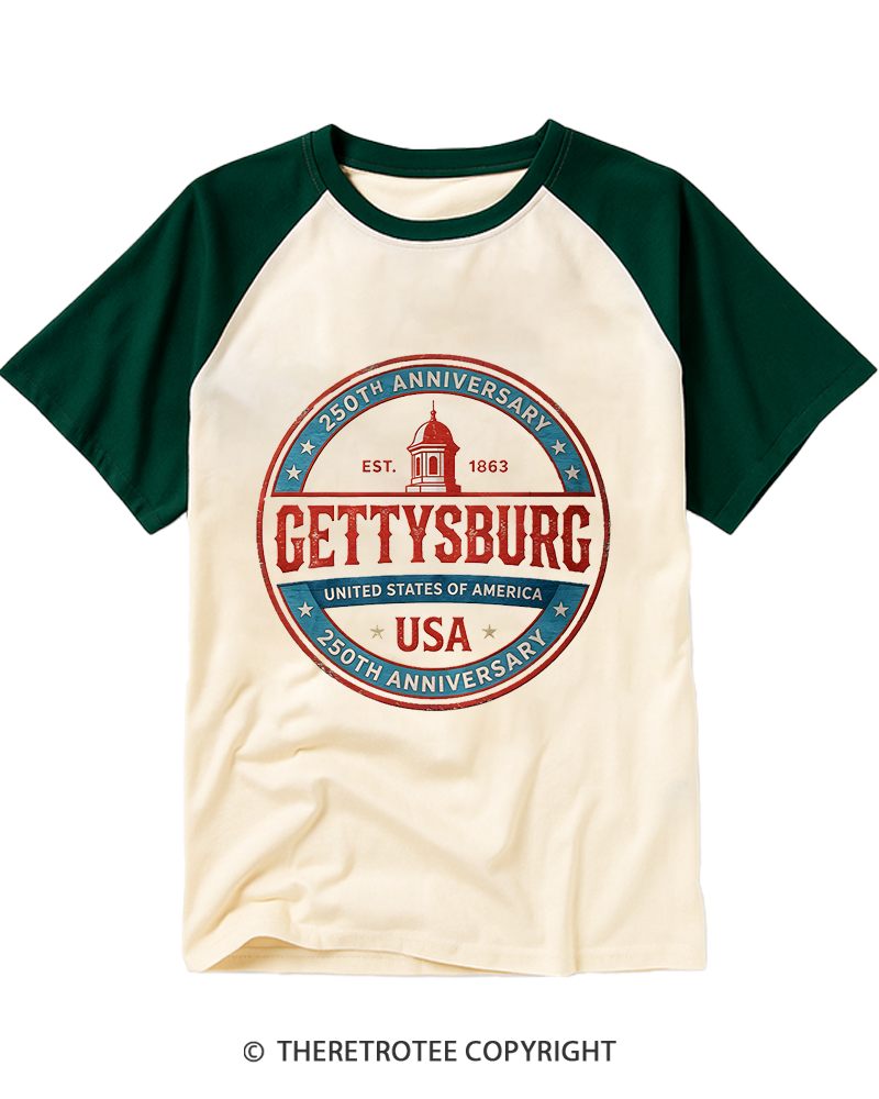 TheRetroTee Gettysburg - Pennsylvania USA 250th Anniversary 1863 Raglan Baseball T-Shirt