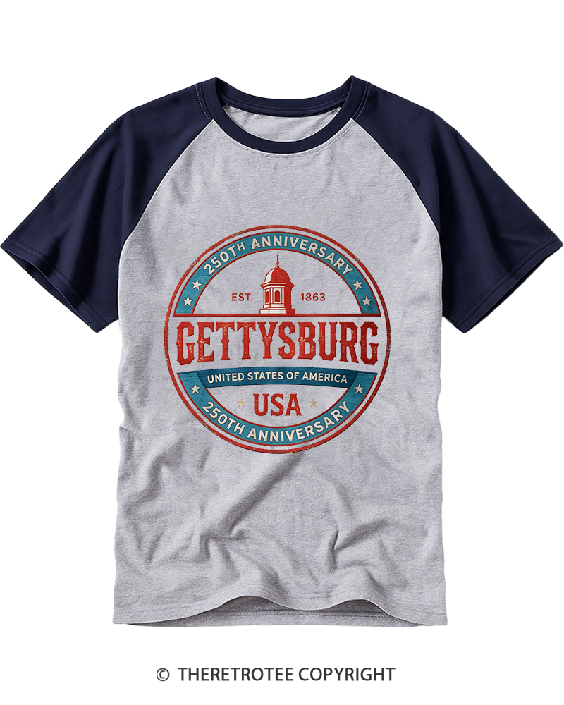 TheRetroTee Gettysburg - Pennsylvania USA 250th Anniversary 1863 Raglan Baseball T-Shirt