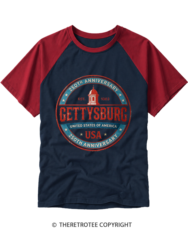 TheRetroTee Gettysburg - Pennsylvania USA 250th Anniversary 1863 Raglan Baseball T-Shirt