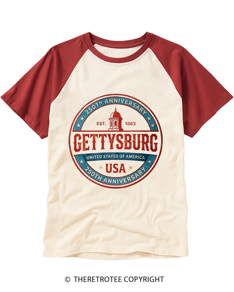TheRetroTee Gettysburg - Pennsylvania USA 250th Anniversary 1863 Raglan Baseball T-Shirt