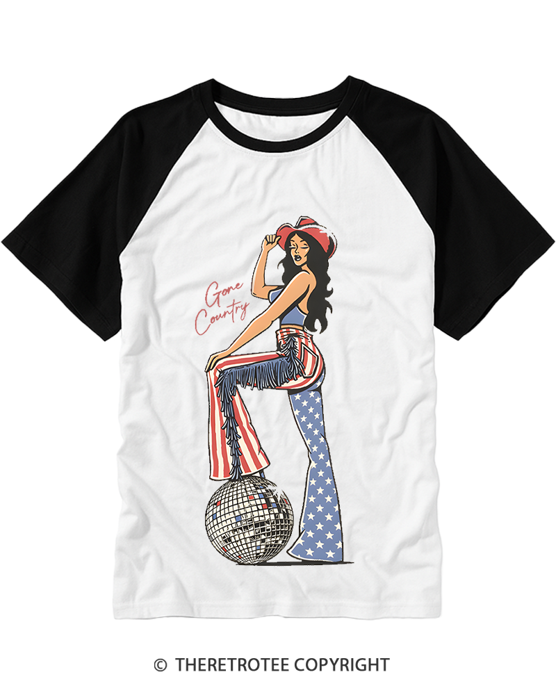 TheRetroTee Gone Country Disco Cowgirl 1970s Raglan Baseball T-Shirt