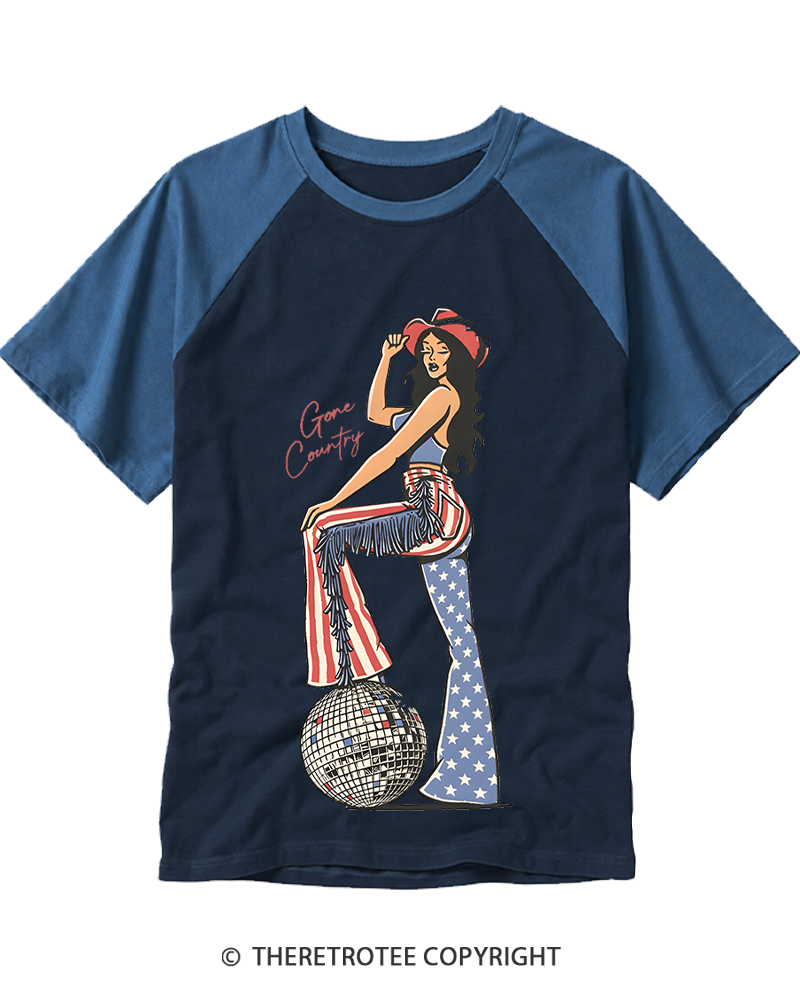 TheRetroTee Gone Country Disco Cowgirl 1970s Raglan Baseball T-Shirt