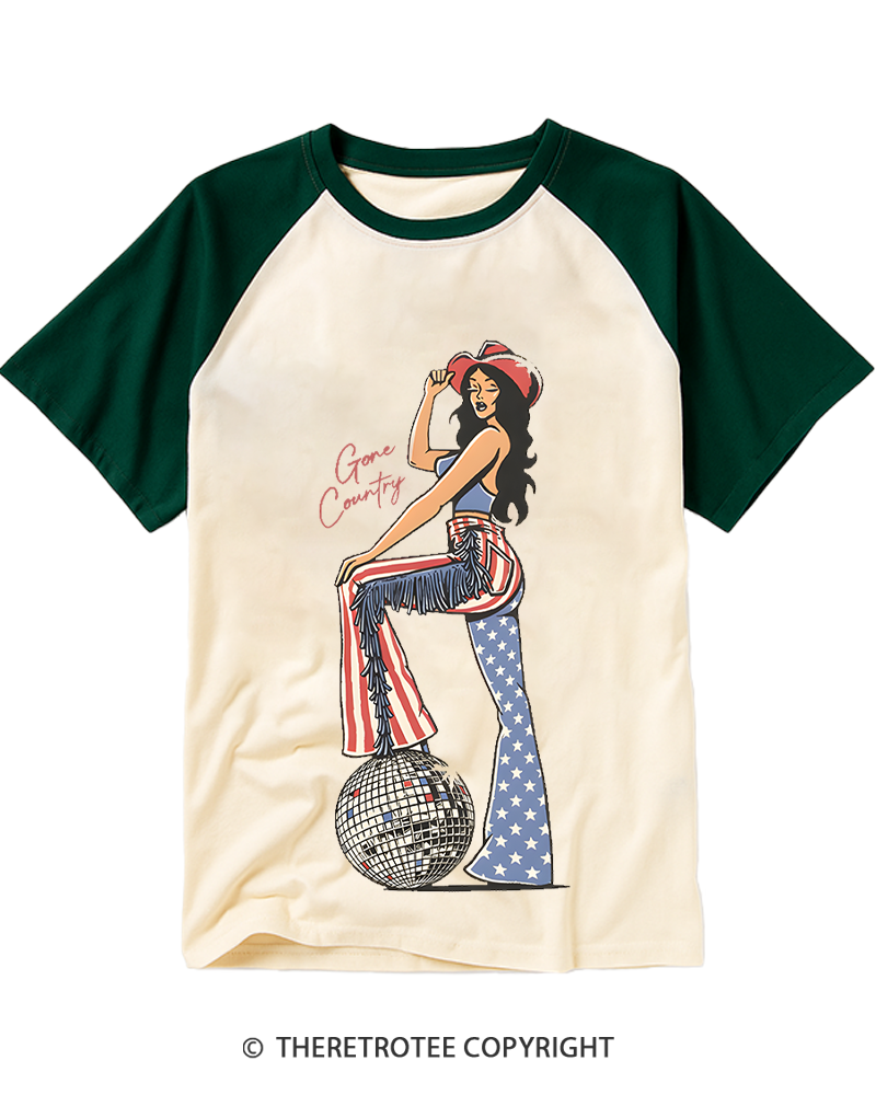TheRetroTee Gone Country Disco Cowgirl 1970s Raglan Baseball T-Shirt