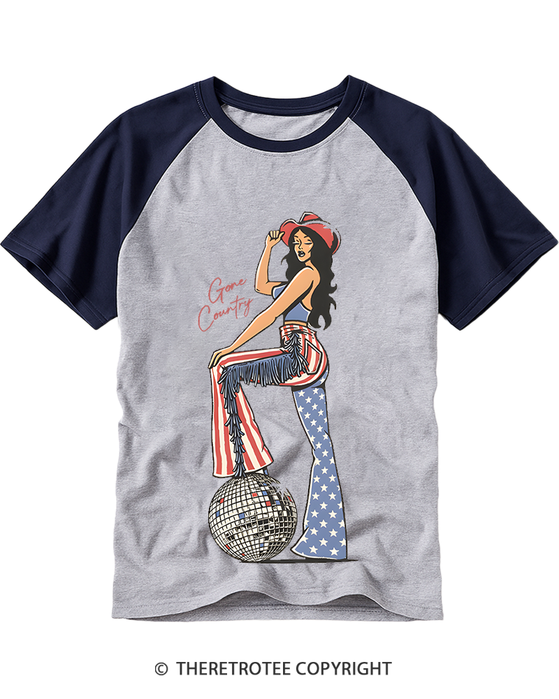 TheRetroTee Gone Country Disco Cowgirl 1970s Raglan Baseball T-Shirt