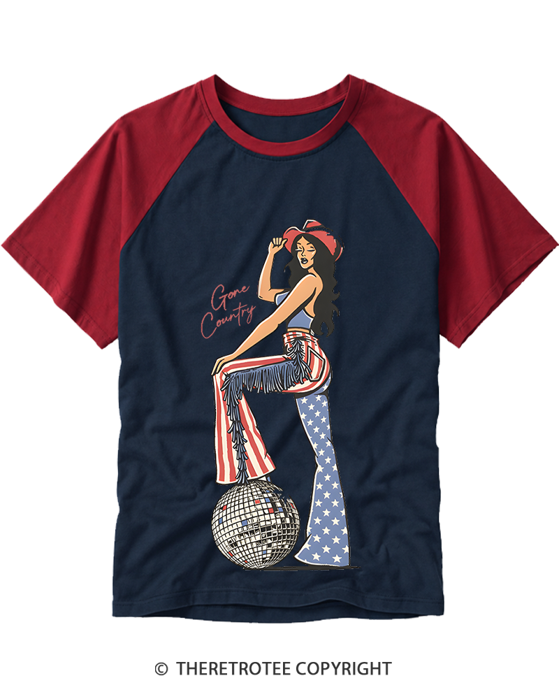 TheRetroTee Gone Country Disco Cowgirl 1970s Raglan Baseball T-Shirt