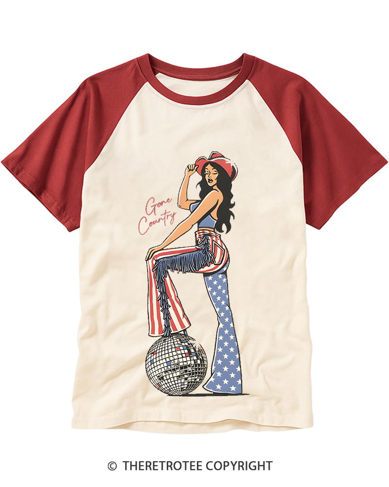 TheRetroTee Gone Country Disco Cowgirl 1970s Raglan Baseball T-Shirt