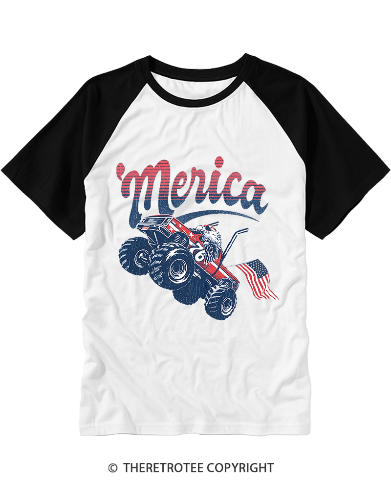TheRetroTee Merica Monster Truck Raglan Baseball T-Shirt
