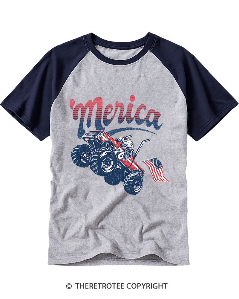 TheRetroTee Merica Monster Truck Raglan Baseball T-Shirt