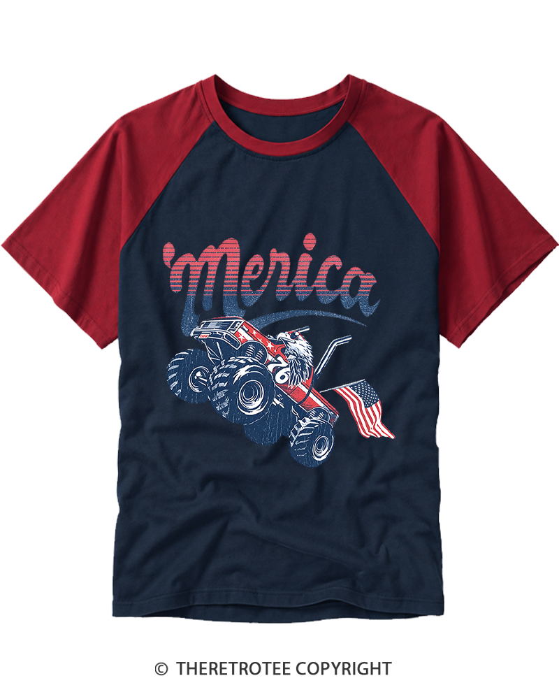 TheRetroTee Merica Monster Truck Raglan Baseball T-Shirt