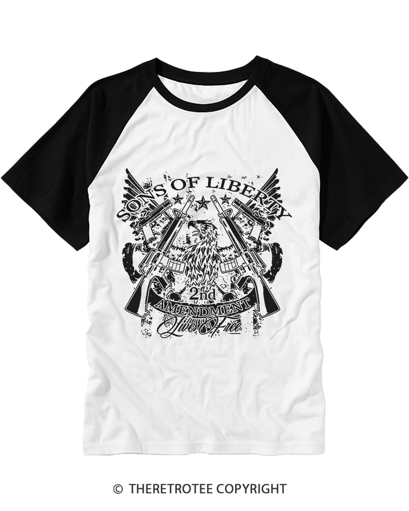 TheRetroTee Sons of Liberty 2nd Amendment Live Free 1776 Raglan Baseball T-Shirt