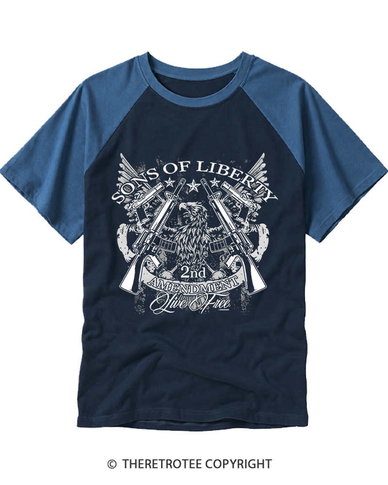 TheRetroTee Sons of Liberty 2nd Amendment Live Free 1776 Raglan Baseball T-Shirt